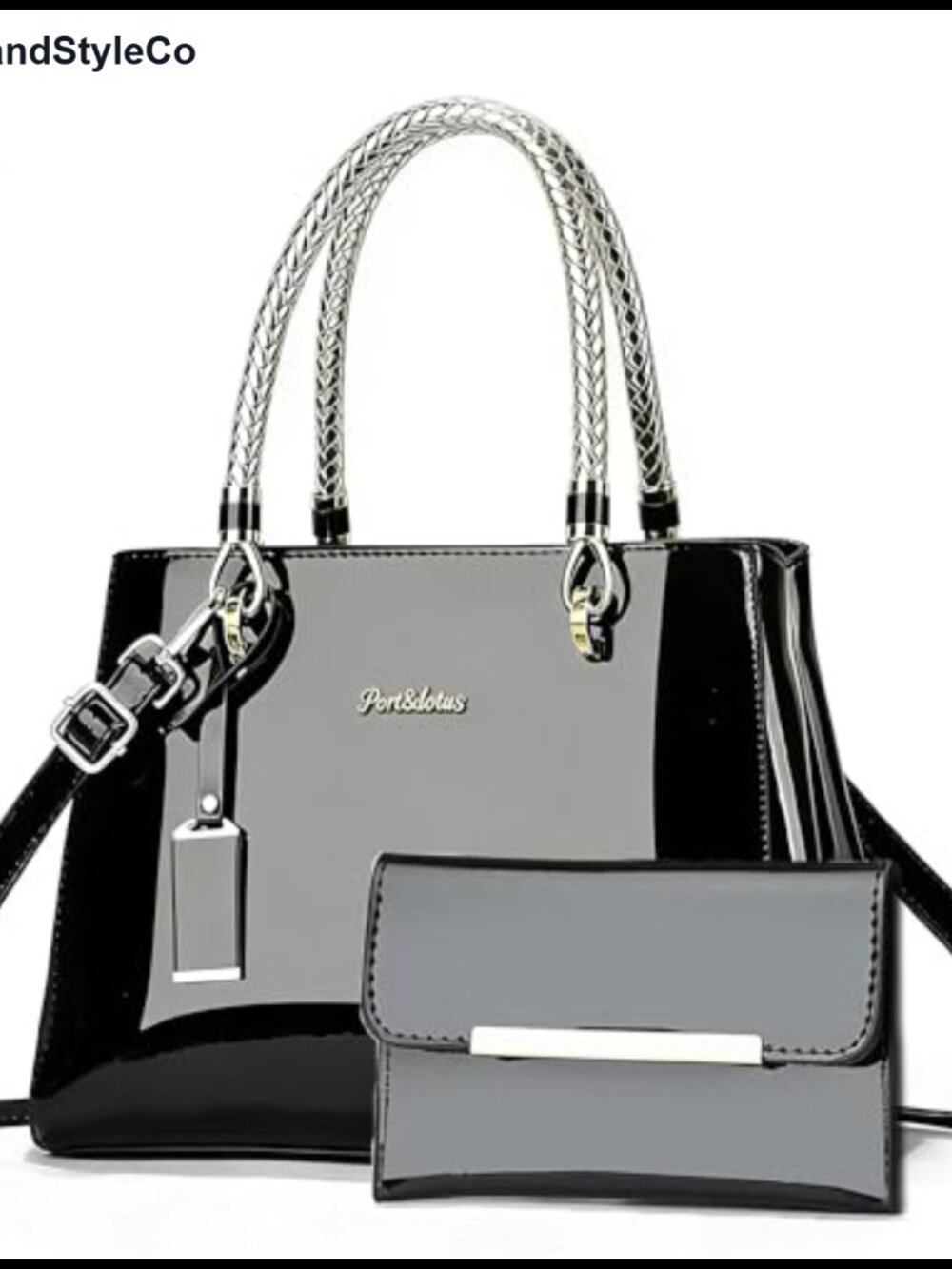 Patent Leather Tote Bag & Wallet Set Braided Gold Handles Crossbody